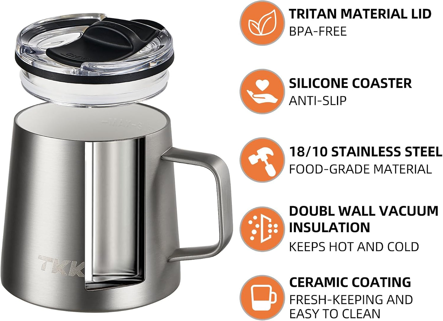 12 oz Insulated Coffee Mug with Handle Ceramic Coating Detachable Slider Lid Stainless Steel Tumbler Double Wall Vacuum Travel Cup
