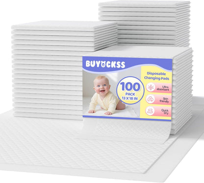 Disposable Changing Pad Liners 100 Count - 13x18 Inches Ultra Soft Super Absorbent Waterproof Baby Diaper Changing Pads White - Leak Proof Baby Changing Mat Liners for Home & Travel