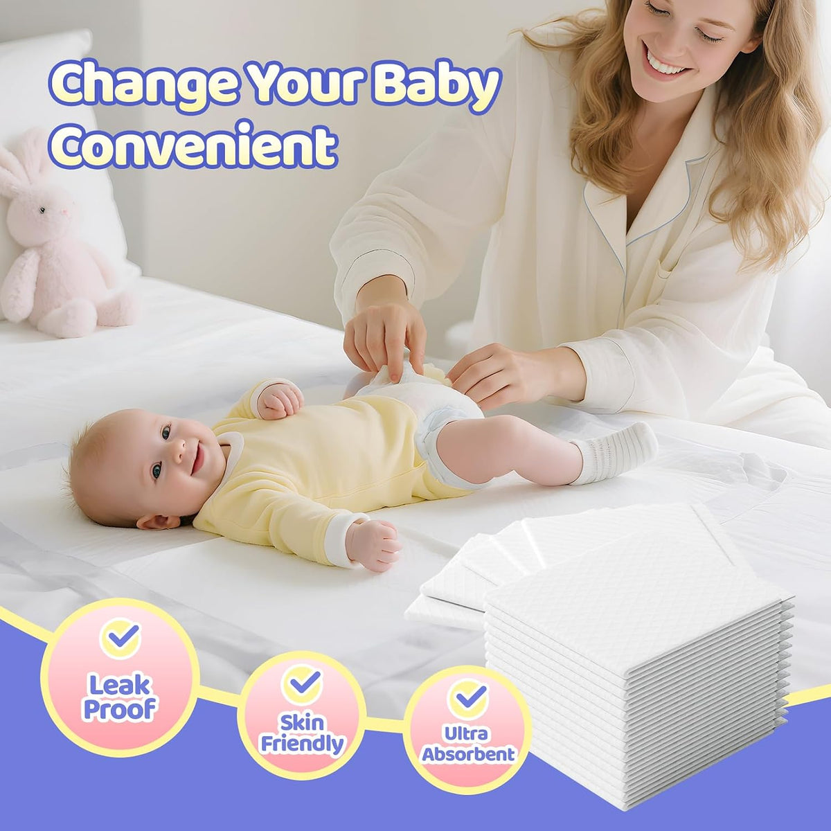 Disposable Changing Pad Liners 100 Count - 13x18 Inches Ultra Soft Super Absorbent Waterproof Baby Diaper Changing Pads White - Leak Proof Baby Changing Mat Liners for Home & Travel