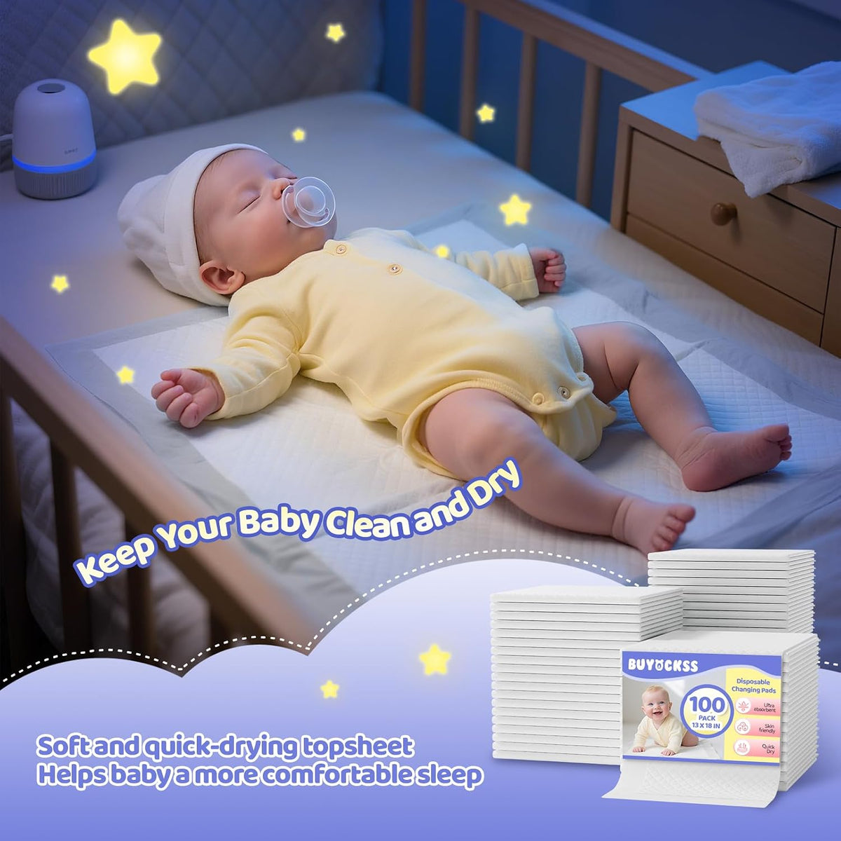 Disposable Changing Pad Liners 100 Count - 13x18 Inches Ultra Soft Super Absorbent Waterproof Baby Diaper Changing Pads White - Leak Proof Baby Changing Mat Liners for Home & Travel