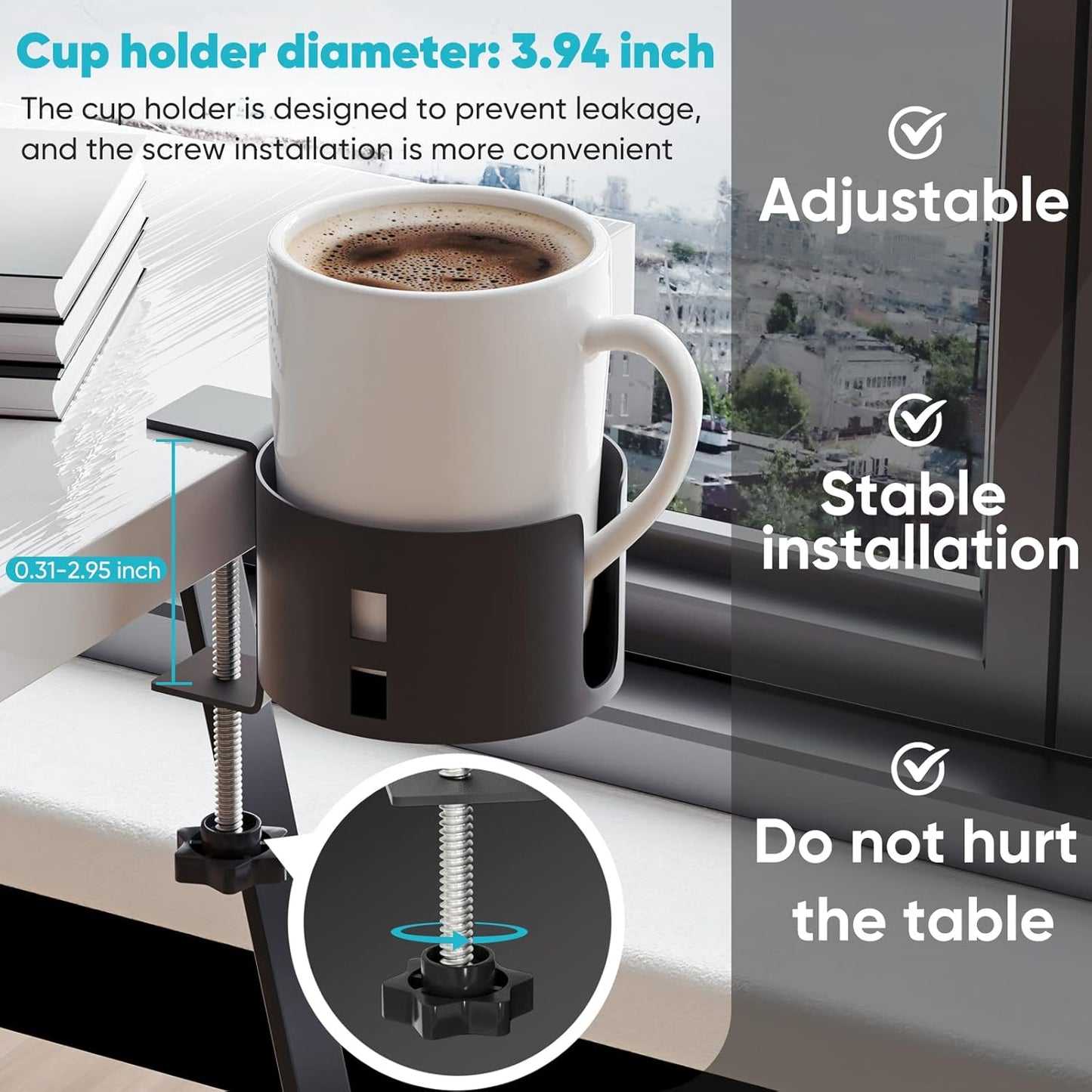Anti-Spill Large Desk Cup Holder for Desk or Table, Pencil Pen Holder | Large Desk Cup Holder, Anti-Spill, Sturdy and Durable, Easy to Install, Enough to Hold Coffee Cups, Water Bottles, Black