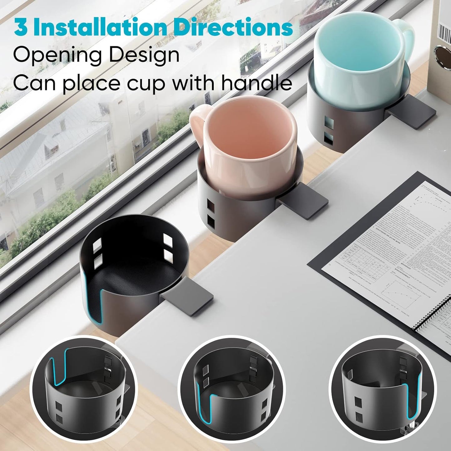 Anti-Spill Large Desk Cup Holder for Desk or Table, Pencil Pen Holder | Large Desk Cup Holder, Anti-Spill, Sturdy and Durable, Easy to Install, Enough to Hold Coffee Cups, Water Bottles, Black