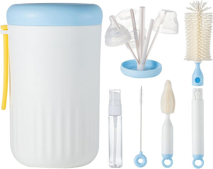 Ariseno Travel Bottle Cleaner Kit, 6-in-1 Baby Bottle Brush with Silicone Bottle Brush, Nipple Brush, Straw Brush, Drying Rack, Dispenser, Organizer, Baby Travel Essential, Gifts for New Mom - Grey