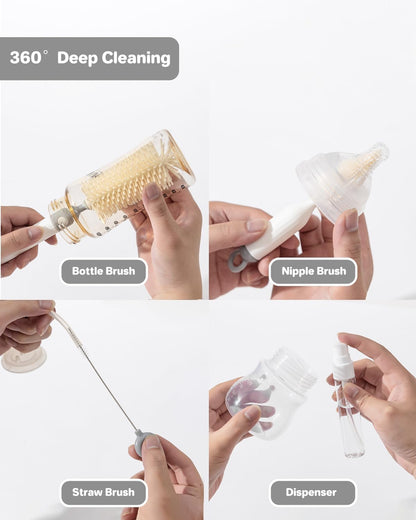 Ariseno Travel Bottle Cleaner Kit, 6-in-1 Baby Bottle Brush with Silicone Bottle Brush, Nipple Brush, Straw Brush, Drying Rack, Dispenser, Organizer, Baby Travel Essential, Gifts for New Mom - Grey