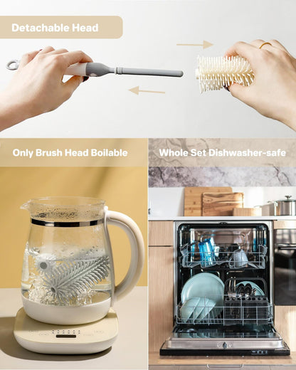 Ariseno Travel Bottle Cleaner Kit, 6-in-1 Baby Bottle Brush with Silicone Bottle Brush, Nipple Brush, Straw Brush, Drying Rack, Dispenser, Organizer, Baby Travel Essential, Gifts for New Mom - Grey