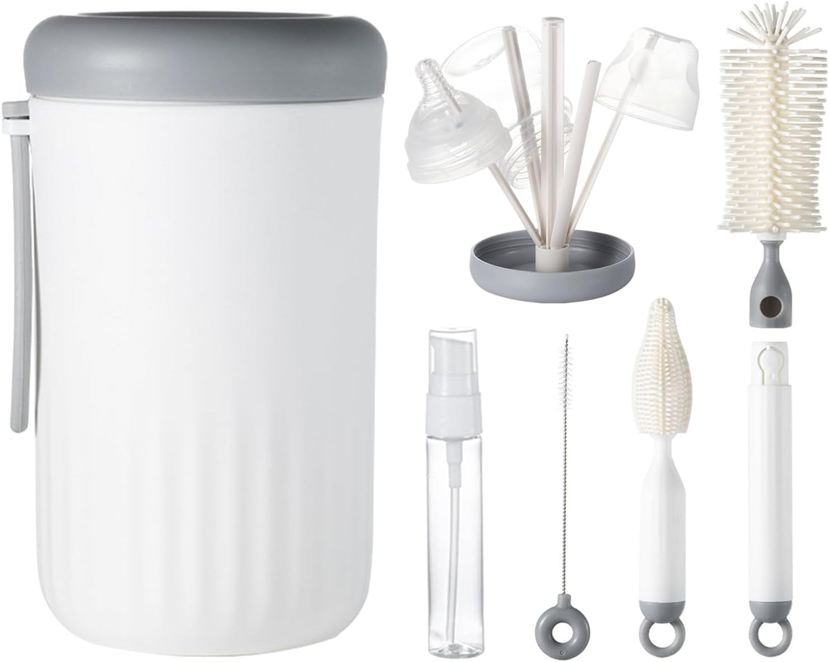 Ariseno Travel Bottle Cleaner Kit, 6-in-1 Baby Bottle Brush with Silicone Bottle Brush, Nipple Brush, Straw Brush, Drying Rack, Dispenser, Organizer, Baby Travel Essential, Gifts for New Mom - Grey