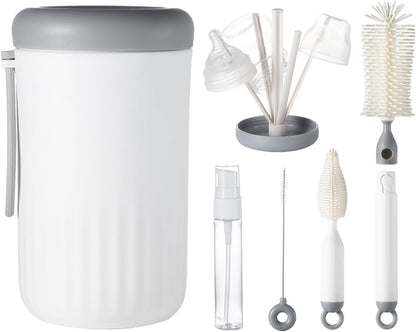 Ariseno Travel Bottle Cleaner Kit, 6-in-1 Baby Bottle Brush with Silicone Bottle Brush, Nipple Brush, Straw Brush, Drying Rack, Dispenser, Organizer, Baby Travel Essential, Gifts for New Mom - Grey