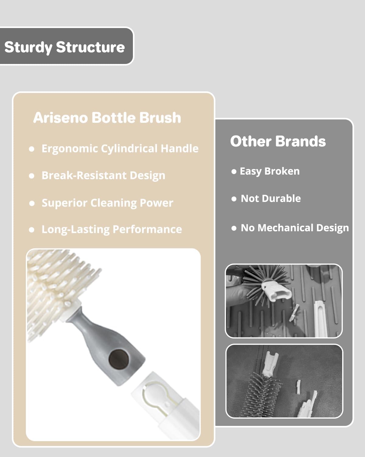 Ariseno Travel Bottle Cleaner Kit, 6-in-1 Baby Bottle Brush with Silicone Bottle Brush, Nipple Brush, Straw Brush, Drying Rack, Dispenser, Organizer, Baby Travel Essential, Gifts for New Mom - Grey