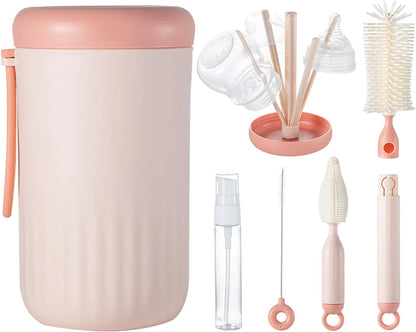 Ariseno Travel Bottle Cleaner Kit, 6-in-1 Baby Bottle Brush with Silicone Bottle Brush, Nipple Brush, Straw Brush, Drying Rack, Dispenser, Organizer, Baby Travel Essential, Gifts for New Mom - Grey