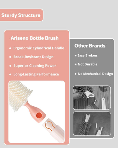 Ariseno Travel Bottle Cleaner Kit, 6-in-1 Baby Bottle Brush with Silicone Bottle Brush, Nipple Brush, Straw Brush, Drying Rack, Dispenser, Organizer, Baby Travel Essential, Gifts for New Mom - Grey