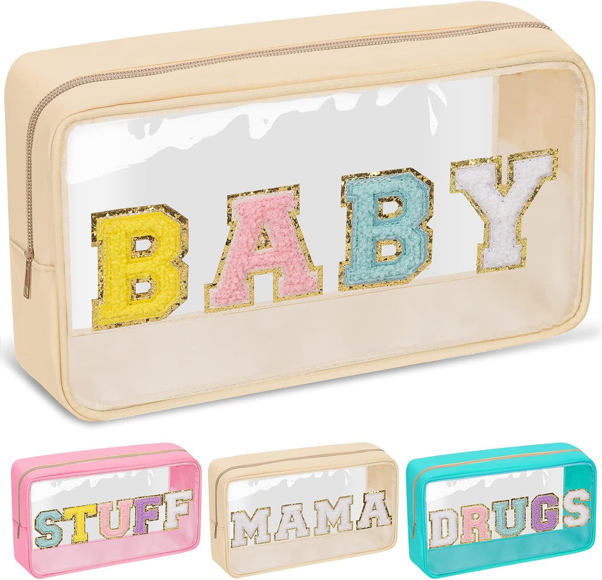 Chenille Letter Clear Makeup Bags Stuff Pouch, Preppy Patch Makeup Bag with Zipper, Transparent PVC & Nylon Waterproof Portable Glitter Cosmetic Bag Travel Toiletry Storage for Women Girl(STUFF-Black)