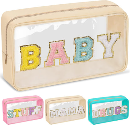 Chenille Letter Clear Makeup Bags Stuff Pouch, Preppy Patch Makeup Bag with Zipper, Transparent PVC & Nylon Waterproof Portable Glitter Cosmetic Bag Travel Toiletry Storage for Women Girl(STUFF-Black)