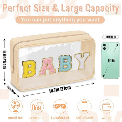 Chenille Letter Clear Makeup Bags Stuff Pouch, Preppy Patch Makeup Bag with Zipper, Transparent PVC & Nylon Waterproof Portable Glitter Cosmetic Bag Travel Toiletry Storage for Women Girl(STUFF-Black)