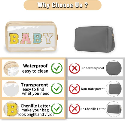 Chenille Letter Clear Makeup Bags Stuff Pouch, Preppy Patch Makeup Bag with Zipper, Transparent PVC & Nylon Waterproof Portable Glitter Cosmetic Bag Travel Toiletry Storage for Women Girl(STUFF-Black)