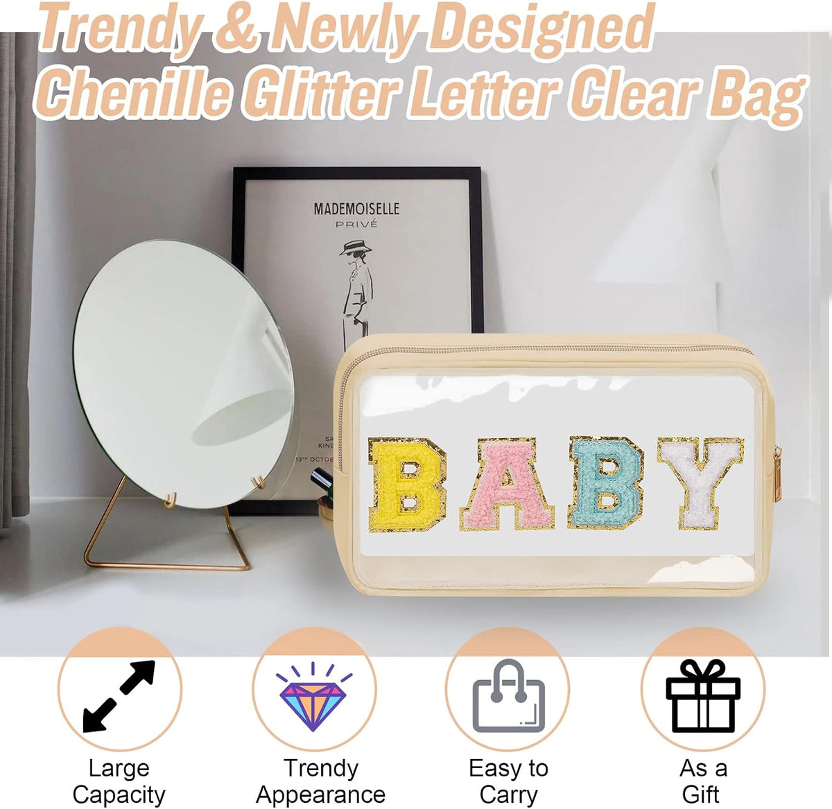Chenille Letter Clear Makeup Bags Stuff Pouch, Preppy Patch Makeup Bag with Zipper, Transparent PVC & Nylon Waterproof Portable Glitter Cosmetic Bag Travel Toiletry Storage for Women Girl(STUFF-Black)