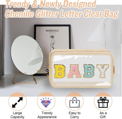 Chenille Letter Clear Makeup Bags Stuff Pouch, Preppy Patch Makeup Bag with Zipper, Transparent PVC & Nylon Waterproof Portable Glitter Cosmetic Bag Travel Toiletry Storage for Women Girl(STUFF-Black)