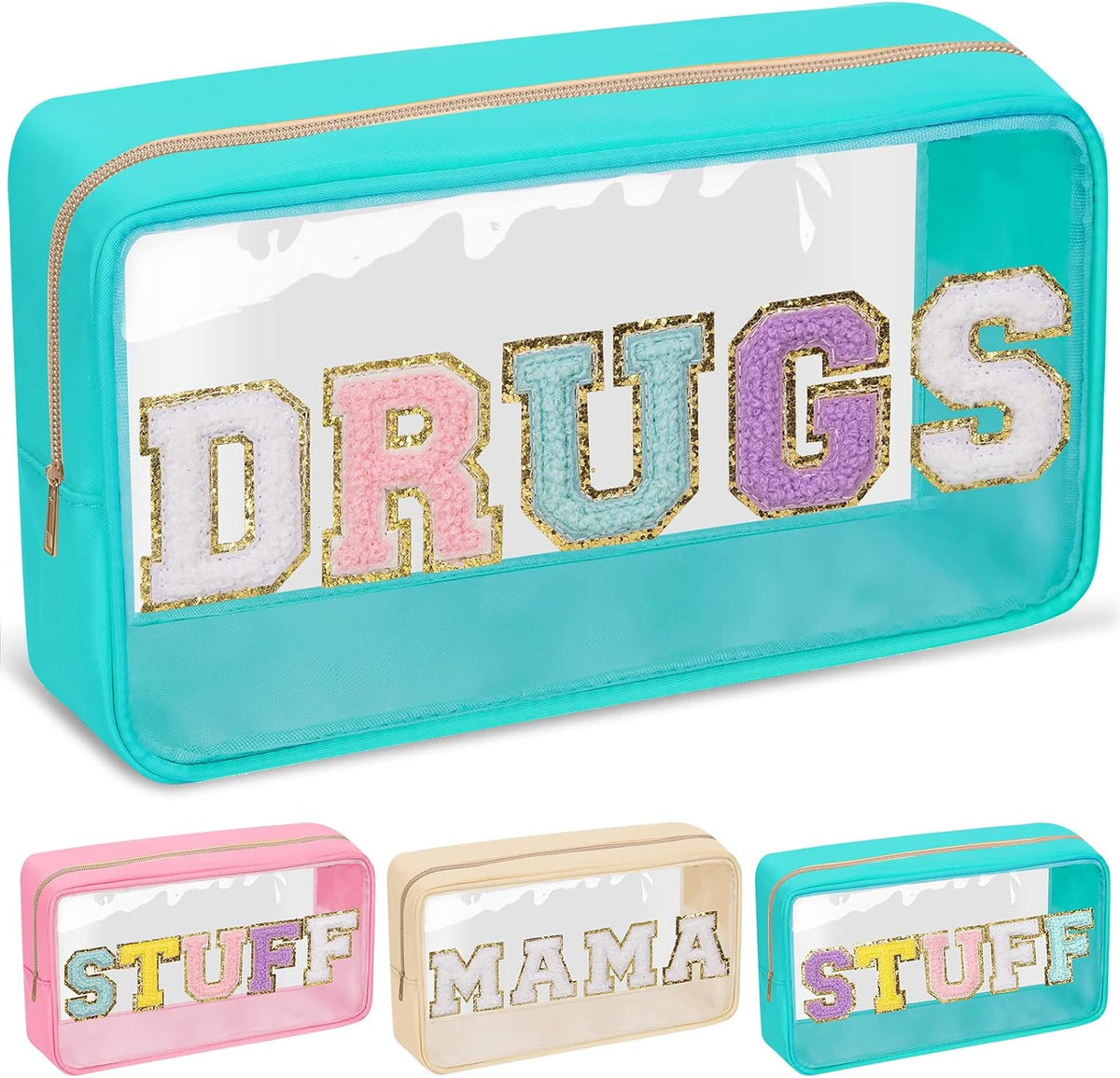 Chenille Letter Clear Makeup Bags Stuff Pouch, Preppy Patch Makeup Bag with Zipper, Transparent PVC & Nylon Waterproof Portable Glitter Cosmetic Bag Travel Toiletry Storage for Women Girl(STUFF-Black)