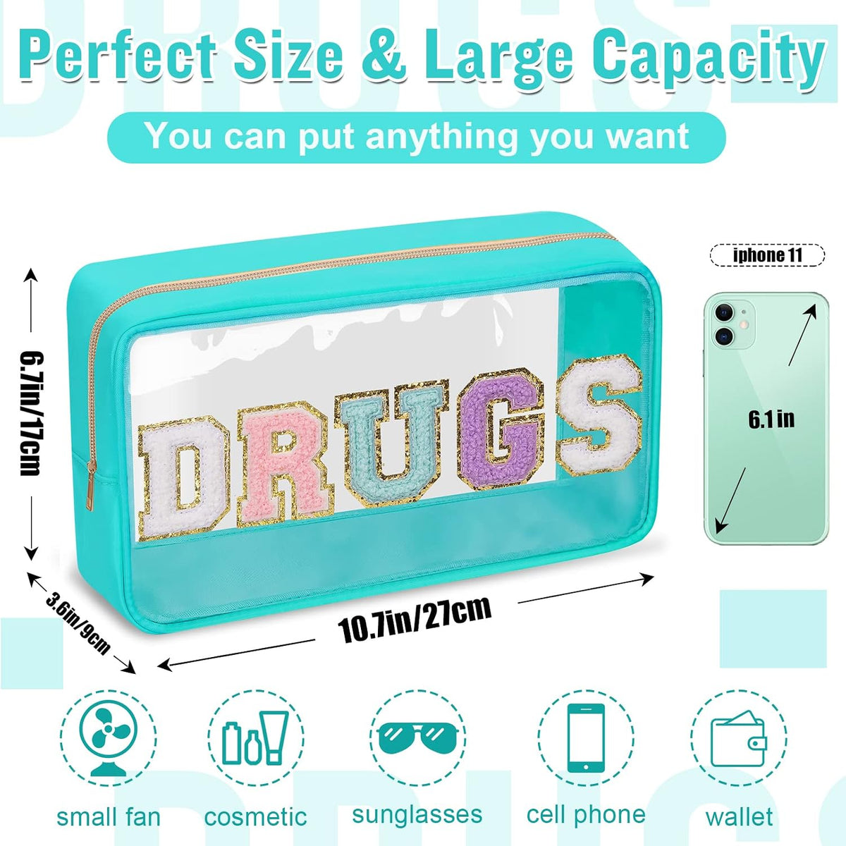 Chenille Letter Clear Makeup Bags Stuff Pouch, Preppy Patch Makeup Bag with Zipper, Transparent PVC & Nylon Waterproof Portable Glitter Cosmetic Bag Travel Toiletry Storage for Women Girl(STUFF-Black)