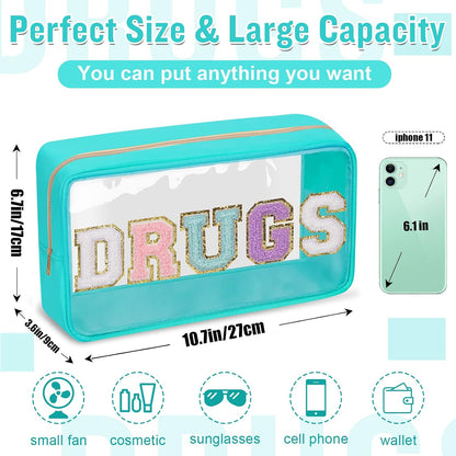 Chenille Letter Clear Makeup Bags Stuff Pouch, Preppy Patch Makeup Bag with Zipper, Transparent PVC & Nylon Waterproof Portable Glitter Cosmetic Bag Travel Toiletry Storage for Women Girl(STUFF-Black)