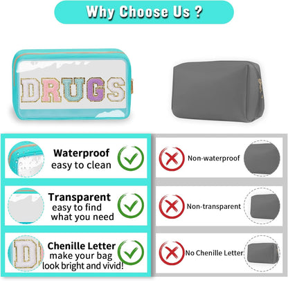 Chenille Letter Clear Makeup Bags Stuff Pouch, Preppy Patch Makeup Bag with Zipper, Transparent PVC & Nylon Waterproof Portable Glitter Cosmetic Bag Travel Toiletry Storage for Women Girl(STUFF-Black)