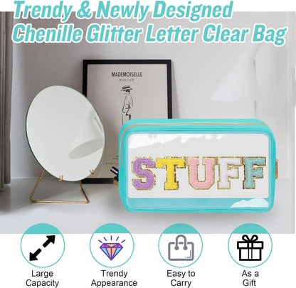 Chenille Letter Clear Makeup Bags Stuff Pouch, Preppy Patch Makeup Bag with Zipper, Transparent PVC & Nylon Waterproof Portable Glitter Cosmetic Bag Travel Toiletry Storage for Women Girl(STUFF-Black)