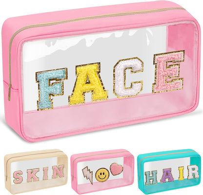 Chenille Letter Clear Makeup Bags Stuff Pouch, Preppy Patch Makeup Bag with Zipper, Transparent PVC & Nylon Waterproof Portable Glitter Cosmetic Bag Travel Toiletry Storage for Women Girl(STUFF-Black)