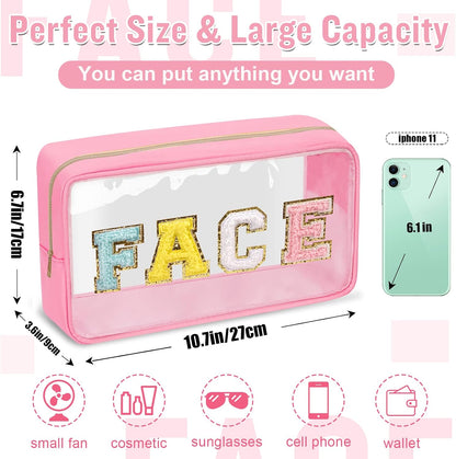 Chenille Letter Clear Makeup Bags Stuff Pouch, Preppy Patch Makeup Bag with Zipper, Transparent PVC & Nylon Waterproof Portable Glitter Cosmetic Bag Travel Toiletry Storage for Women Girl(STUFF-Black)