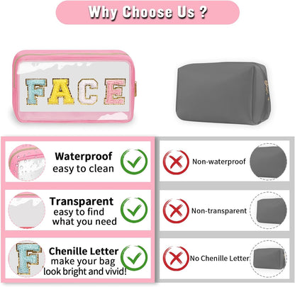 Chenille Letter Clear Makeup Bags Stuff Pouch, Preppy Patch Makeup Bag with Zipper, Transparent PVC & Nylon Waterproof Portable Glitter Cosmetic Bag Travel Toiletry Storage for Women Girl(STUFF-Black)