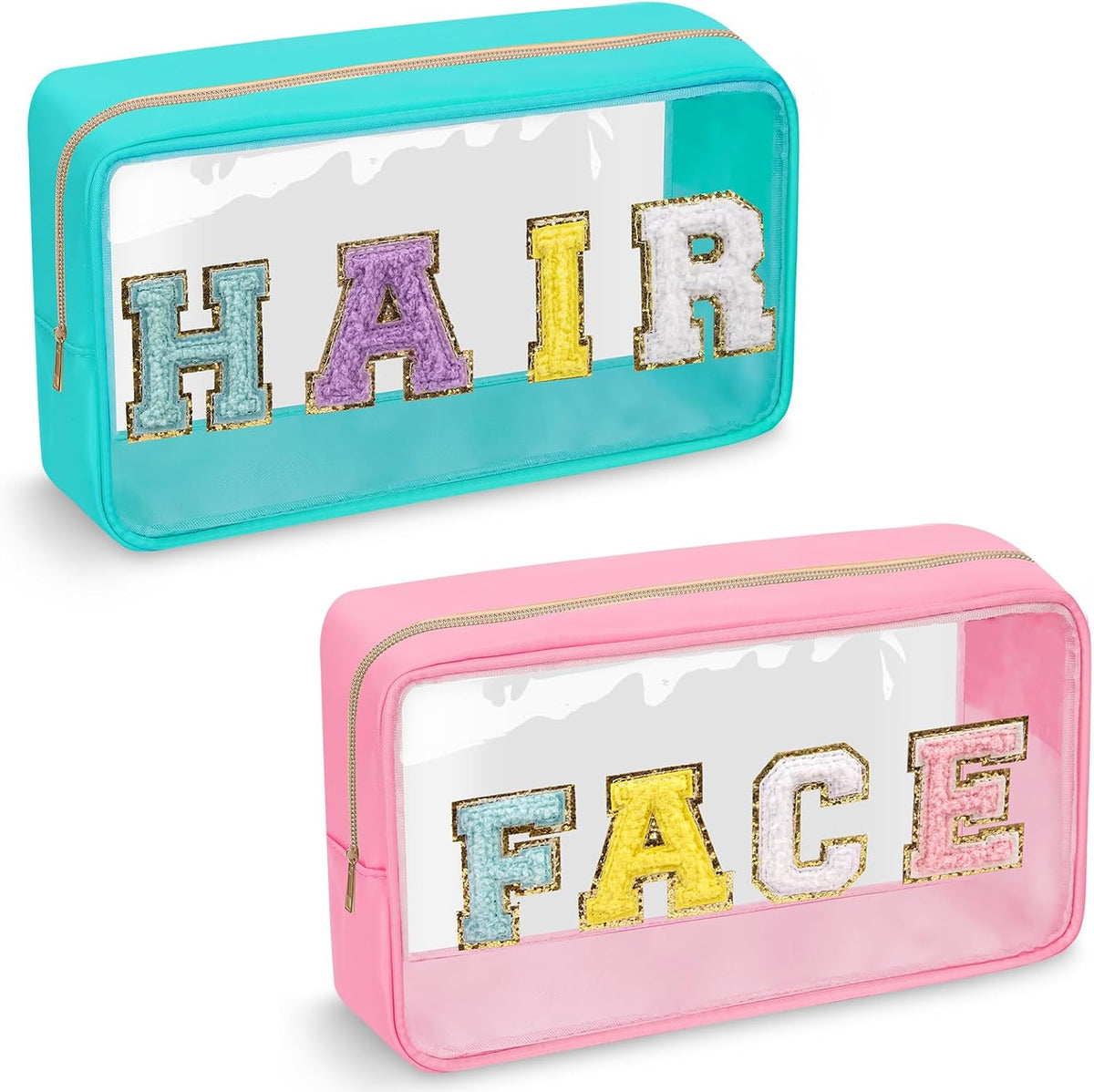 Chenille Letter Clear Makeup Bags Stuff Pouch, Preppy Patch Makeup Bag with Zipper, Transparent PVC & Nylon Waterproof Portable Glitter Cosmetic Bag Travel Toiletry Storage for Women Girl(STUFF-Black)