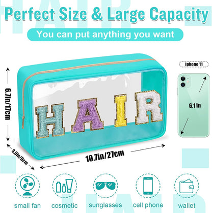 Chenille Letter Clear Makeup Bags Stuff Pouch, Preppy Patch Makeup Bag with Zipper, Transparent PVC & Nylon Waterproof Portable Glitter Cosmetic Bag Travel Toiletry Storage for Women Girl(STUFF-Black)