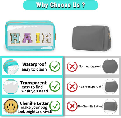 Chenille Letter Clear Makeup Bags Stuff Pouch, Preppy Patch Makeup Bag with Zipper, Transparent PVC & Nylon Waterproof Portable Glitter Cosmetic Bag Travel Toiletry Storage for Women Girl(STUFF-Black)