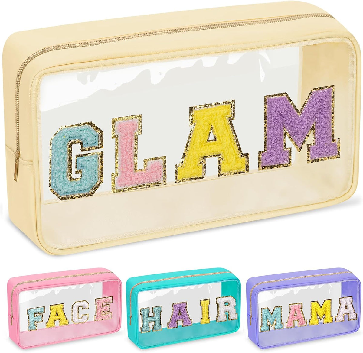 Chenille Letter Clear Makeup Bags Stuff Pouch, Preppy Patch Makeup Bag with Zipper, Transparent PVC & Nylon Waterproof Portable Glitter Cosmetic Bag Travel Toiletry Storage for Women Girl(STUFF-Black)