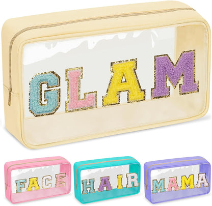 Chenille Letter Clear Makeup Bags Stuff Pouch, Preppy Patch Makeup Bag with Zipper, Transparent PVC & Nylon Waterproof Portable Glitter Cosmetic Bag Travel Toiletry Storage for Women Girl(STUFF-Black)