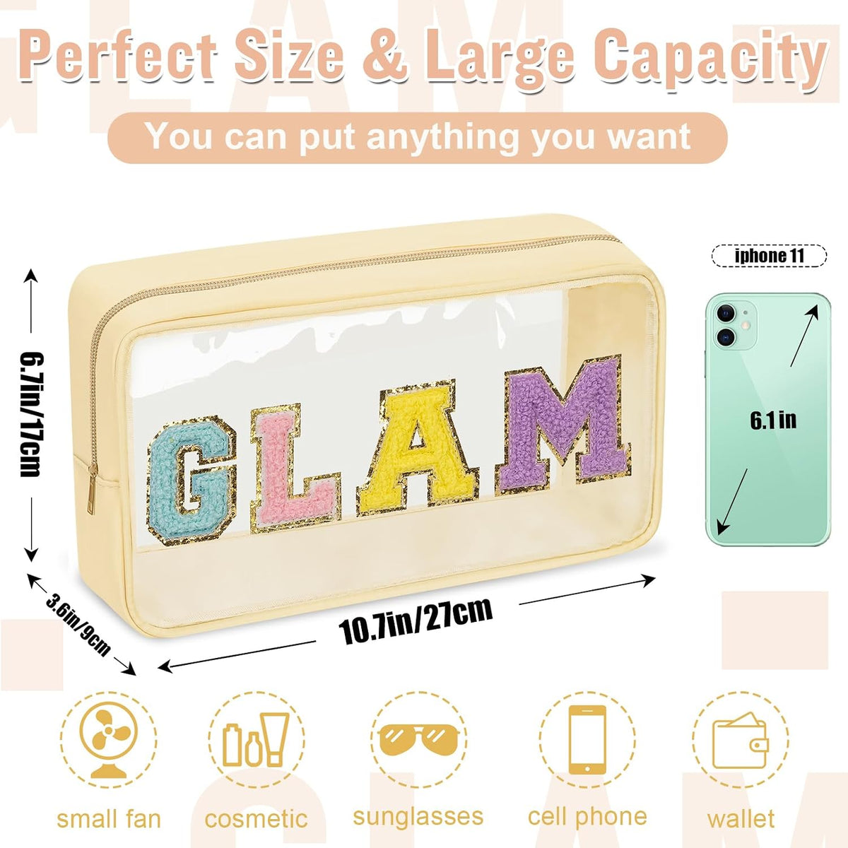 Chenille Letter Clear Makeup Bags Stuff Pouch, Preppy Patch Makeup Bag with Zipper, Transparent PVC & Nylon Waterproof Portable Glitter Cosmetic Bag Travel Toiletry Storage for Women Girl(STUFF-Black)