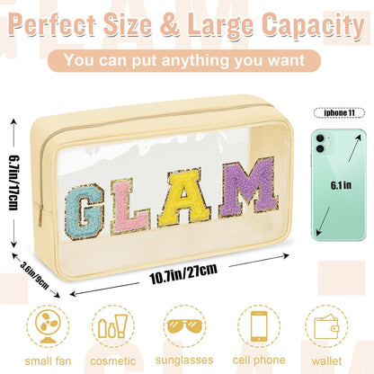 Chenille Letter Clear Makeup Bags Stuff Pouch, Preppy Patch Makeup Bag with Zipper, Transparent PVC & Nylon Waterproof Portable Glitter Cosmetic Bag Travel Toiletry Storage for Women Girl(STUFF-Black)