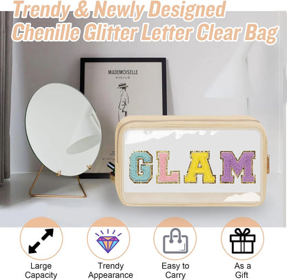Chenille Letter Clear Makeup Bags Stuff Pouch, Preppy Patch Makeup Bag with Zipper, Transparent PVC & Nylon Waterproof Portable Glitter Cosmetic Bag Travel Toiletry Storage for Women Girl(STUFF-Black)