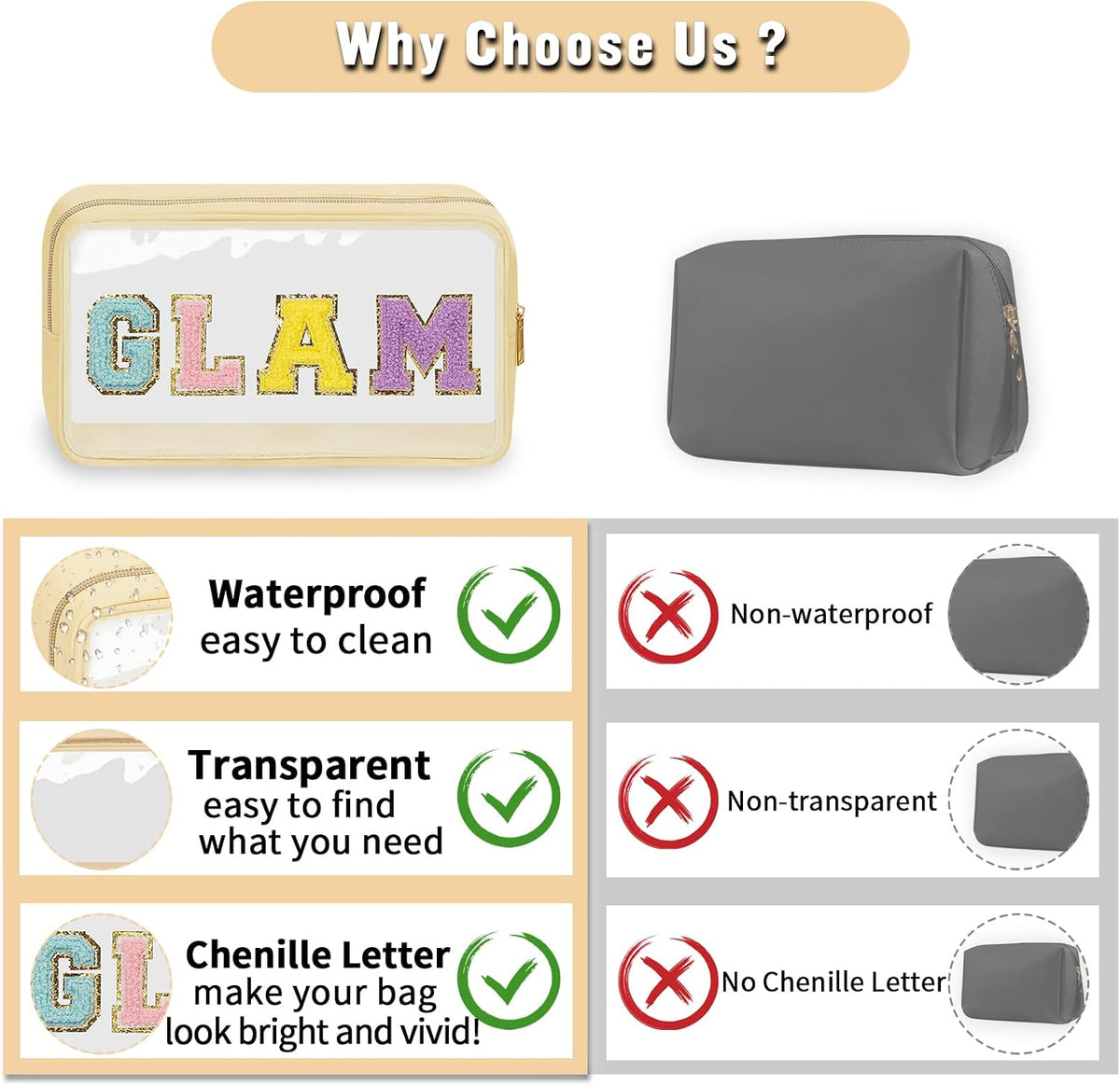 Chenille Letter Clear Makeup Bags Stuff Pouch, Preppy Patch Makeup Bag with Zipper, Transparent PVC & Nylon Waterproof Portable Glitter Cosmetic Bag Travel Toiletry Storage for Women Girl(STUFF-Black)
