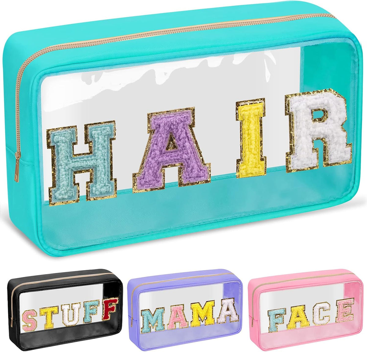 Chenille Letter Clear Makeup Bags Stuff Pouch, Preppy Patch Makeup Bag with Zipper, Transparent PVC & Nylon Waterproof Portable Glitter Cosmetic Bag Travel Toiletry Storage for Women Girl(STUFF-Black)