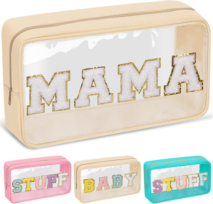 Chenille Letter Clear Makeup Bags Stuff Pouch, Preppy Patch Makeup Bag with Zipper, Transparent PVC & Nylon Waterproof Portable Glitter Cosmetic Bag Travel Toiletry Storage for Women Girl(STUFF-Black)