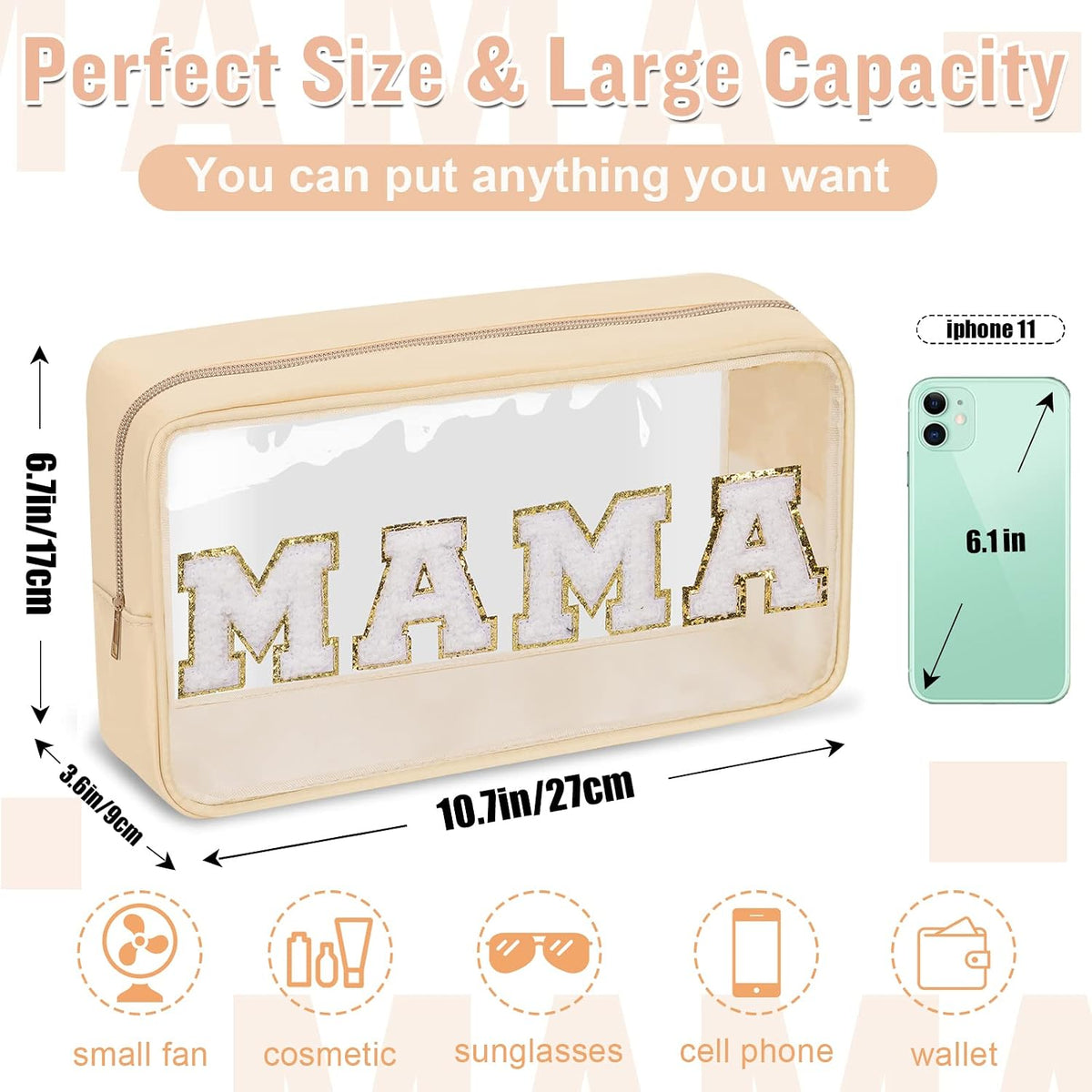 Chenille Letter Clear Makeup Bags Stuff Pouch, Preppy Patch Makeup Bag with Zipper, Transparent PVC & Nylon Waterproof Portable Glitter Cosmetic Bag Travel Toiletry Storage for Women Girl(STUFF-Black)