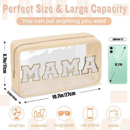 Chenille Letter Clear Makeup Bags Stuff Pouch, Preppy Patch Makeup Bag with Zipper, Transparent PVC & Nylon Waterproof Portable Glitter Cosmetic Bag Travel Toiletry Storage for Women Girl(STUFF-Black)