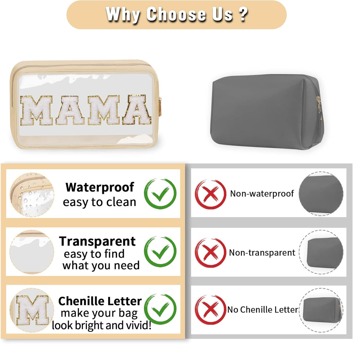 Chenille Letter Clear Makeup Bags Stuff Pouch, Preppy Patch Makeup Bag with Zipper, Transparent PVC & Nylon Waterproof Portable Glitter Cosmetic Bag Travel Toiletry Storage for Women Girl(STUFF-Black)