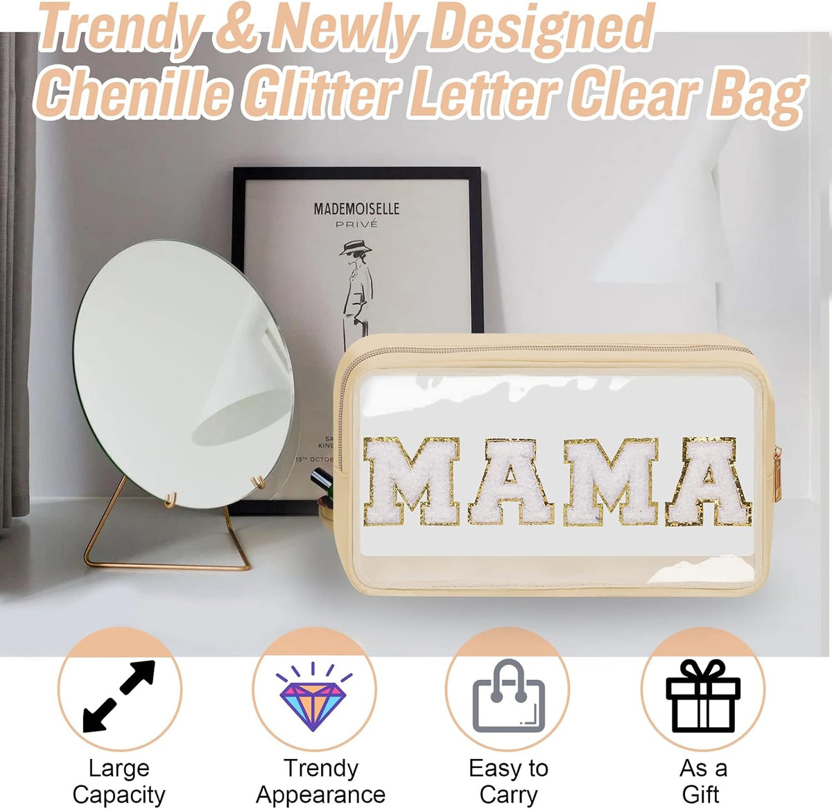 Chenille Letter Clear Makeup Bags Stuff Pouch, Preppy Patch Makeup Bag with Zipper, Transparent PVC & Nylon Waterproof Portable Glitter Cosmetic Bag Travel Toiletry Storage for Women Girl(STUFF-Black)