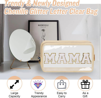 Chenille Letter Clear Makeup Bags Stuff Pouch, Preppy Patch Makeup Bag with Zipper, Transparent PVC & Nylon Waterproof Portable Glitter Cosmetic Bag Travel Toiletry Storage for Women Girl(STUFF-Black)