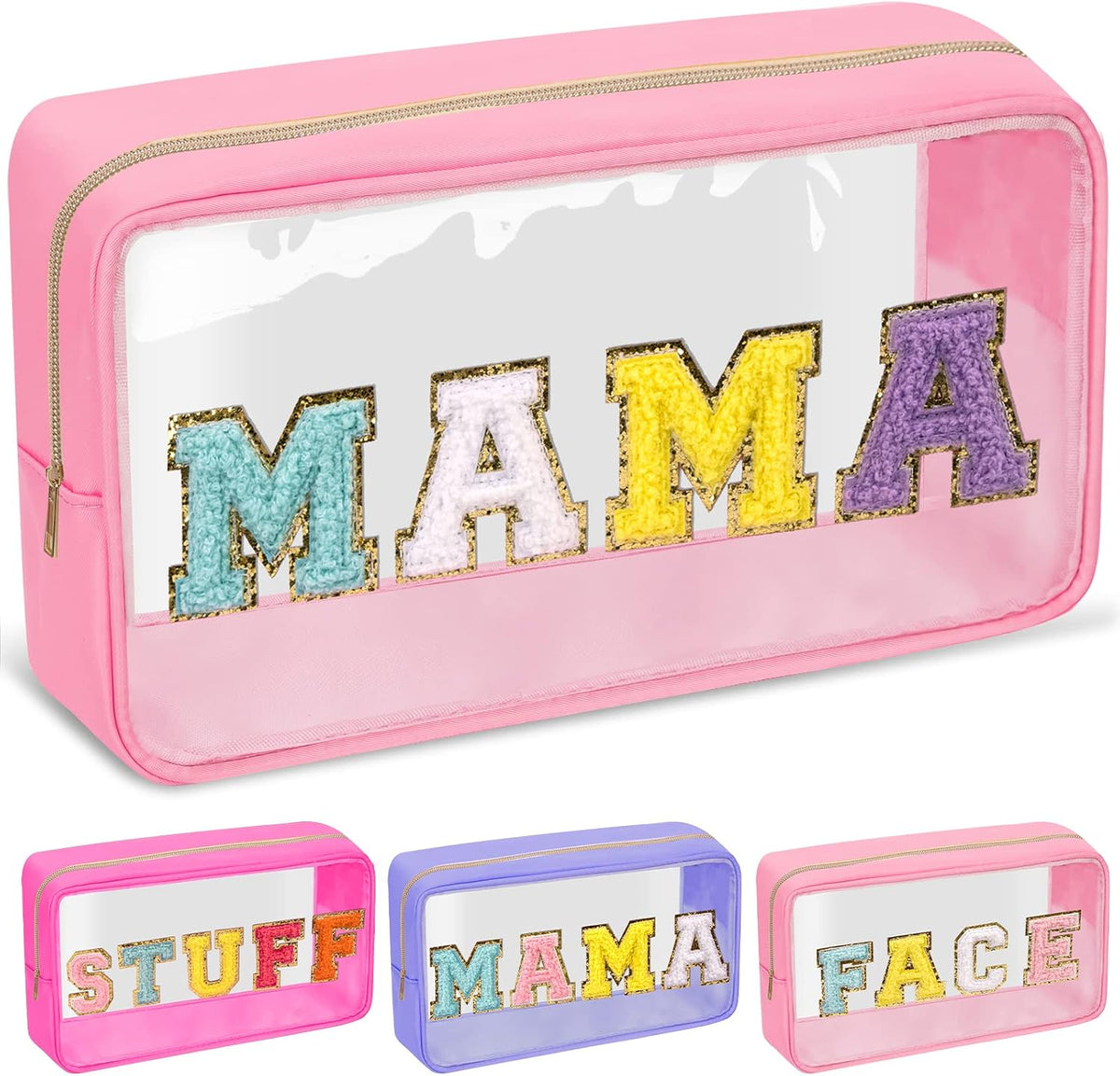 Chenille Letter Clear Makeup Bags Stuff Pouch, Preppy Patch Makeup Bag with Zipper, Transparent PVC & Nylon Waterproof Portable Glitter Cosmetic Bag Travel Toiletry Storage for Women Girl(STUFF-Black)