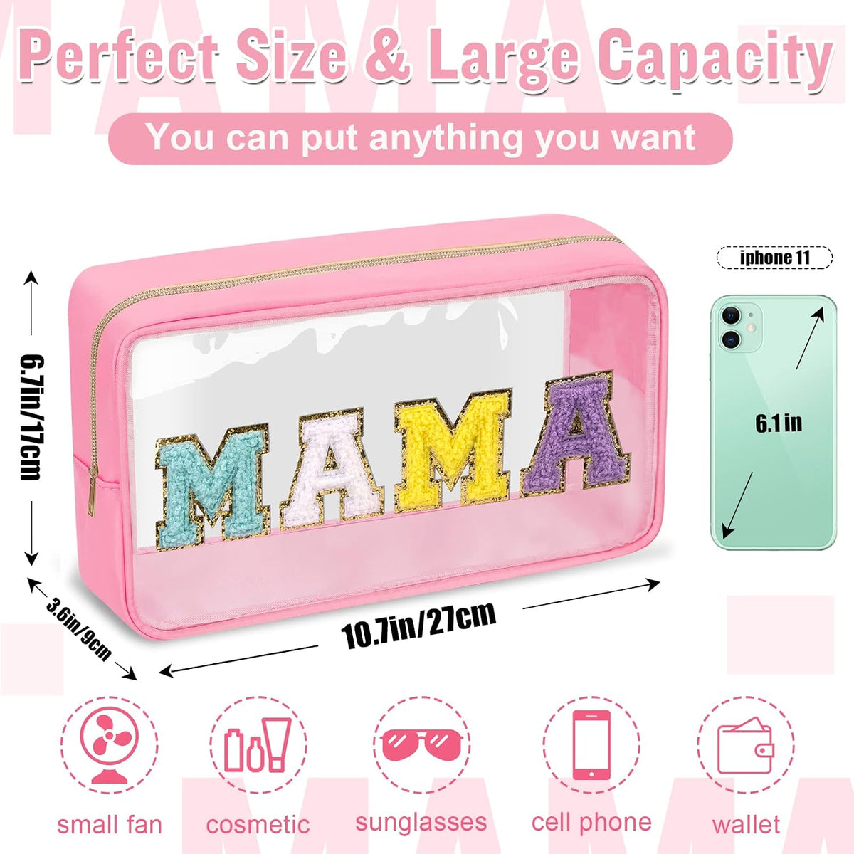 Chenille Letter Clear Makeup Bags Stuff Pouch, Preppy Patch Makeup Bag with Zipper, Transparent PVC & Nylon Waterproof Portable Glitter Cosmetic Bag Travel Toiletry Storage for Women Girl(STUFF-Black)