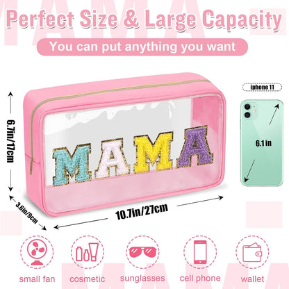Chenille Letter Clear Makeup Bags Stuff Pouch, Preppy Patch Makeup Bag with Zipper, Transparent PVC & Nylon Waterproof Portable Glitter Cosmetic Bag Travel Toiletry Storage for Women Girl(STUFF-Black)