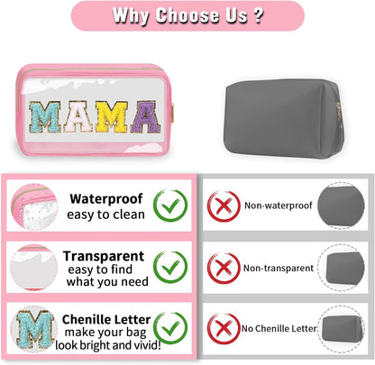 Chenille Letter Clear Makeup Bags Stuff Pouch, Preppy Patch Makeup Bag with Zipper, Transparent PVC & Nylon Waterproof Portable Glitter Cosmetic Bag Travel Toiletry Storage for Women Girl(STUFF-Black)