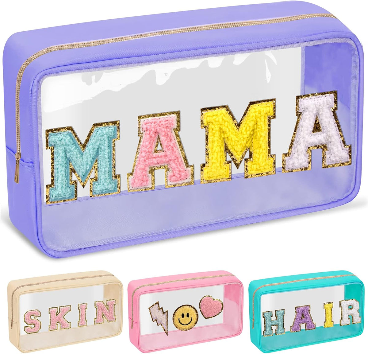 Chenille Letter Clear Makeup Bags Stuff Pouch, Preppy Patch Makeup Bag with Zipper, Transparent PVC & Nylon Waterproof Portable Glitter Cosmetic Bag Travel Toiletry Storage for Women Girl(STUFF-Black)