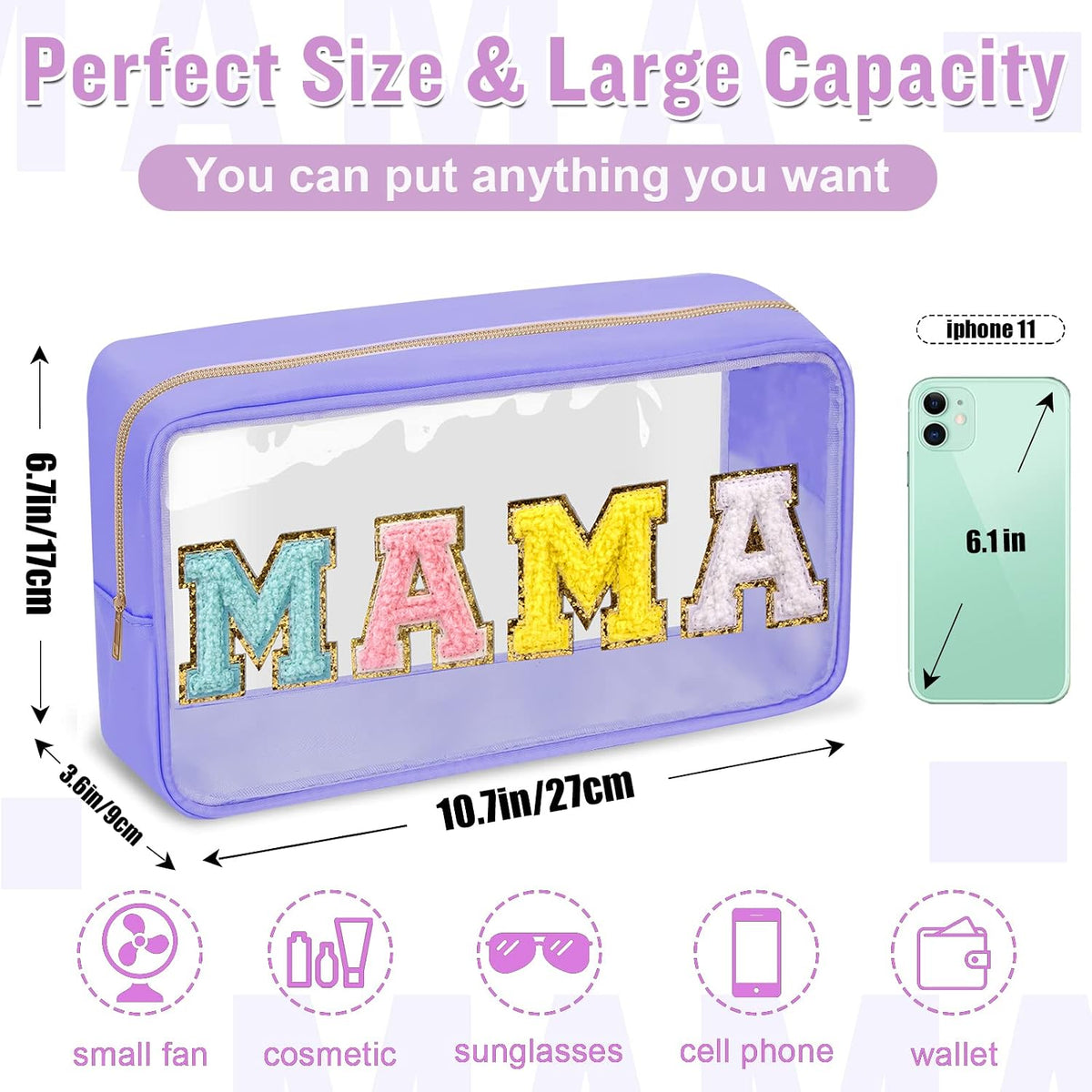 Chenille Letter Clear Makeup Bags Stuff Pouch, Preppy Patch Makeup Bag with Zipper, Transparent PVC & Nylon Waterproof Portable Glitter Cosmetic Bag Travel Toiletry Storage for Women Girl(STUFF-Black)